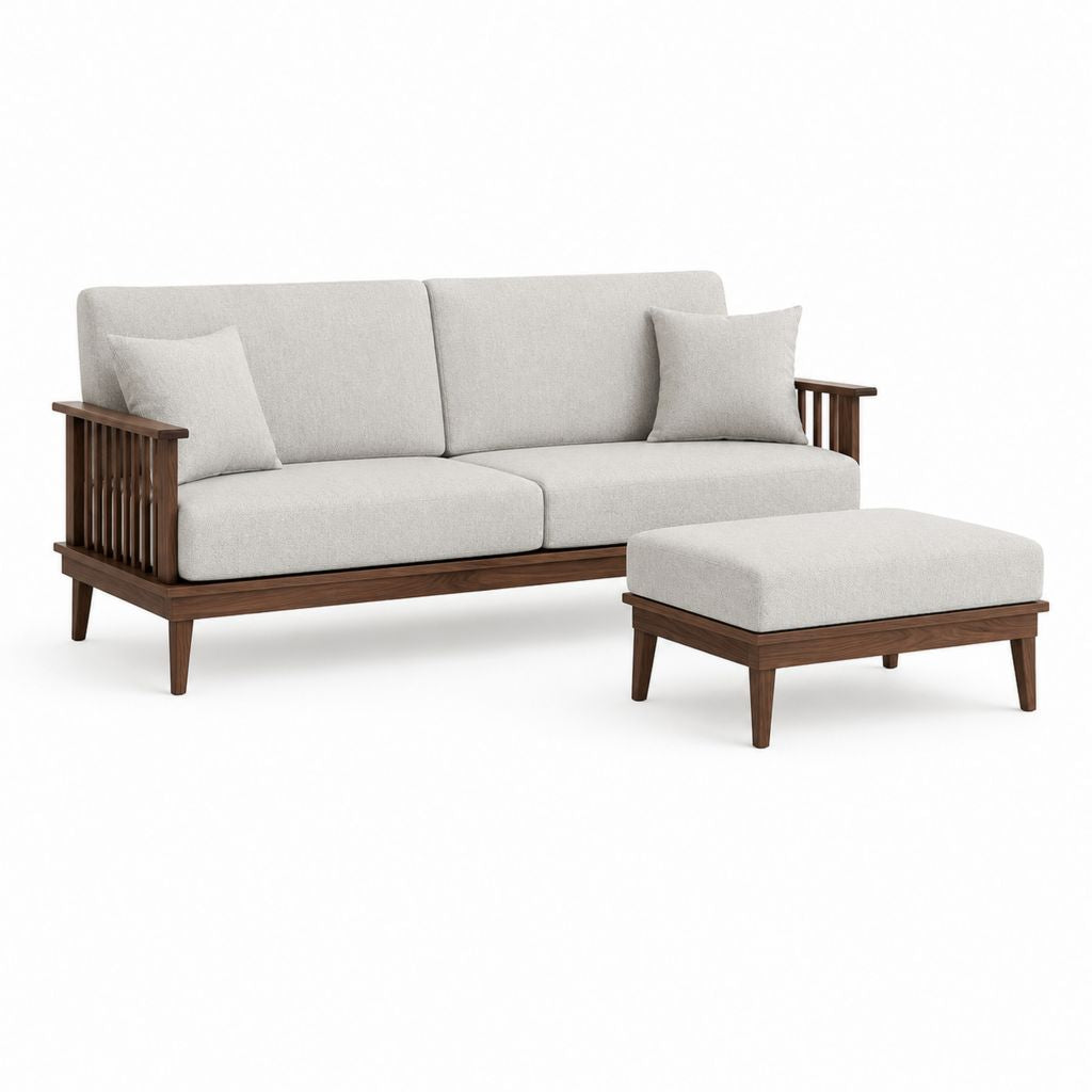 Canapé 2 places avec repose-pieds gris clair en polyester et bois massif 178 x 82 x 84 cm