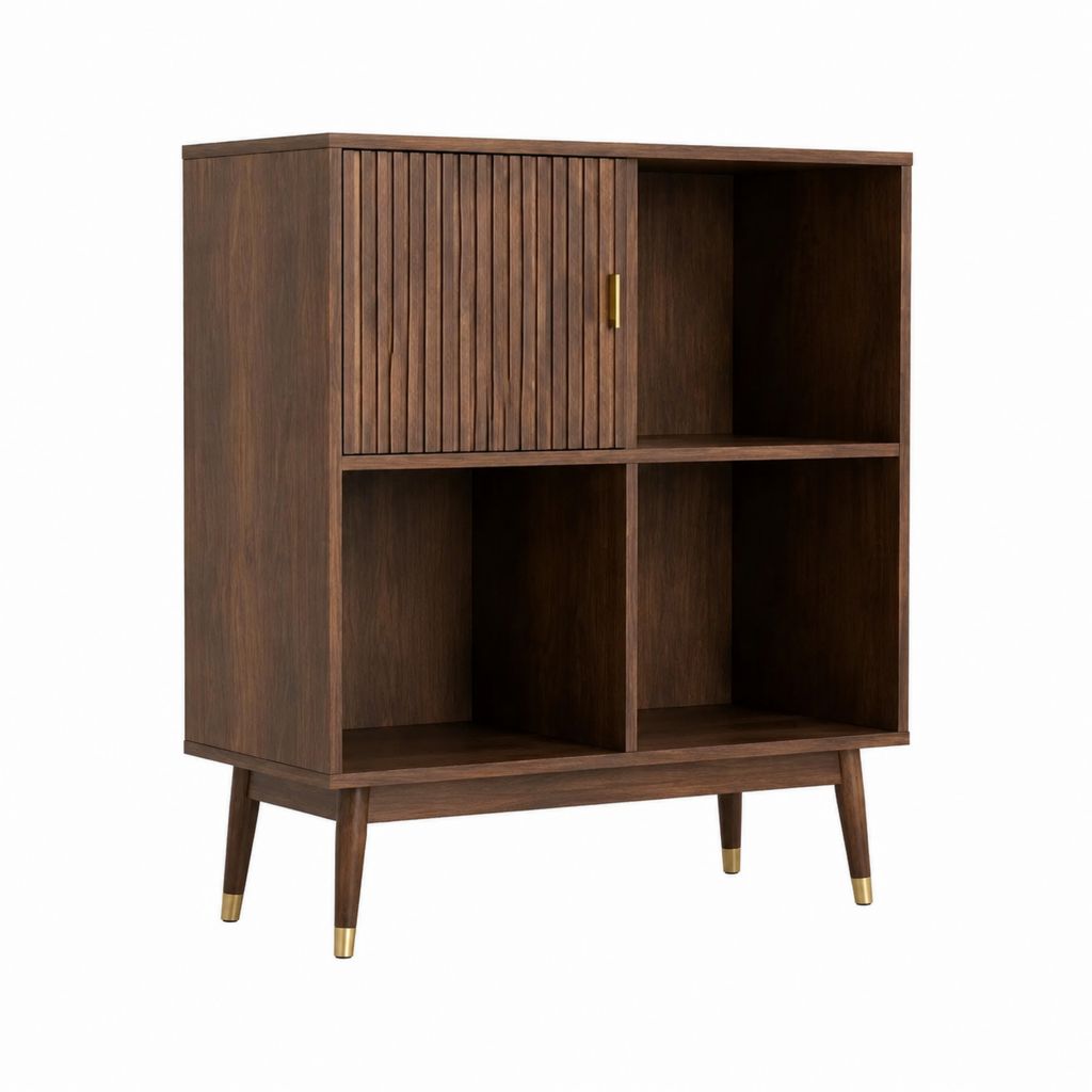 Meuble de rangement rectangulaire brun noyer en MDF plaqué noyer 80 x 40 x 120 cm avec porte coulissante et 4 niches