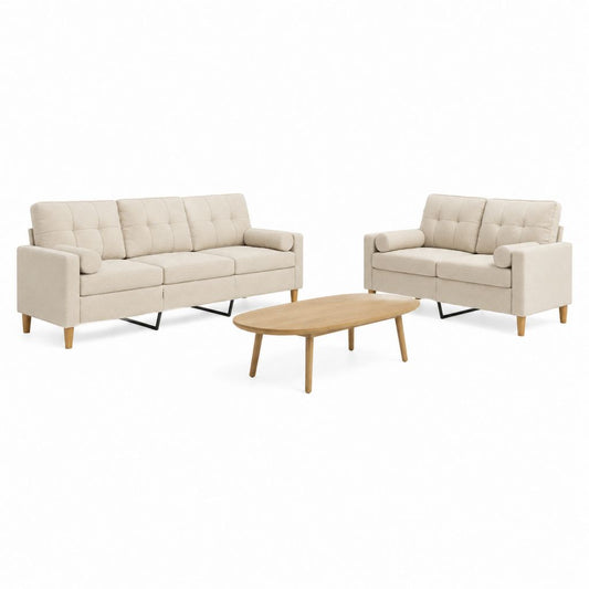 Ensemble canapés 3 et 2 places avec table basse beige en polyester 3 pièces 190 x 82 x 84 cm