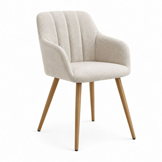 Chaise de salle à manger avec accoudoirs beige en polyester bouclé pieds en hévéa forme arrondie 59 x 62 x 83 cm