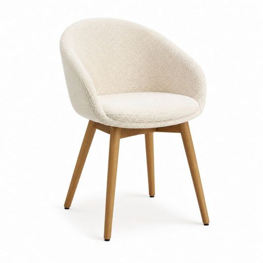 Chaise de salle à manger crème en polyester bouclette avec pieds en bois massif 58 x 60 x 80 cm