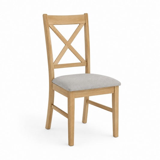 Chaise de salle à manger en chêne massif naturel avec dossier croisé et assise rembourrée en polyester gris 45 x 54 x 99 cm